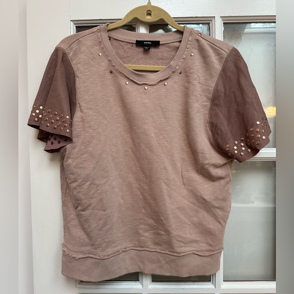 Vintage Diesel Blush Pink Sheepskin Leather Studded Top Short Sleeve Size Med M